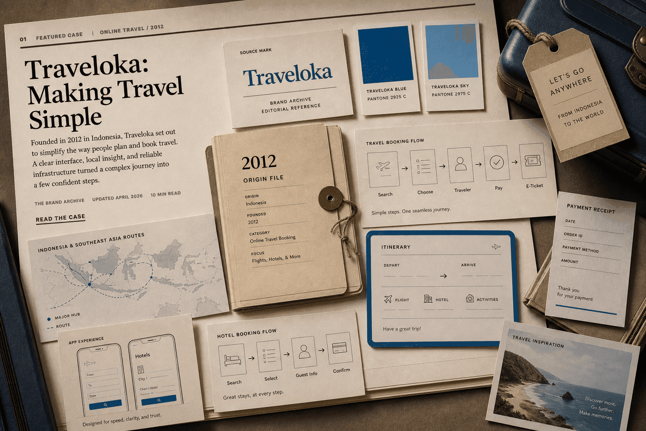 Premium editorial still-life of a Traveloka blue travel booking case with source-mark card, blue travel swatches, Southeast Asia route map, booking wireframes, blank itinerary card, suitcase tag, payment receipt mockup, and 2012 origin file