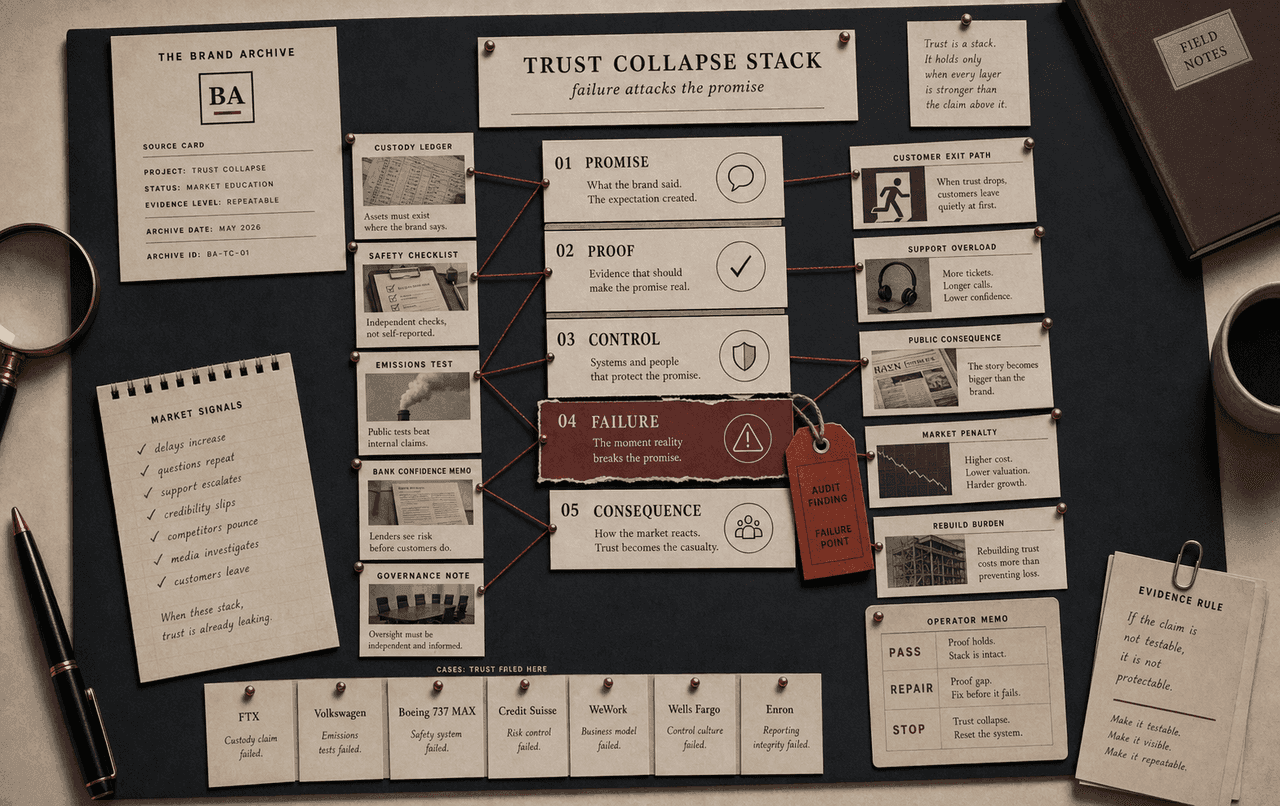 Trust collapse guide visual with promise, proof, control, failure, consequence, and repair path cards.
