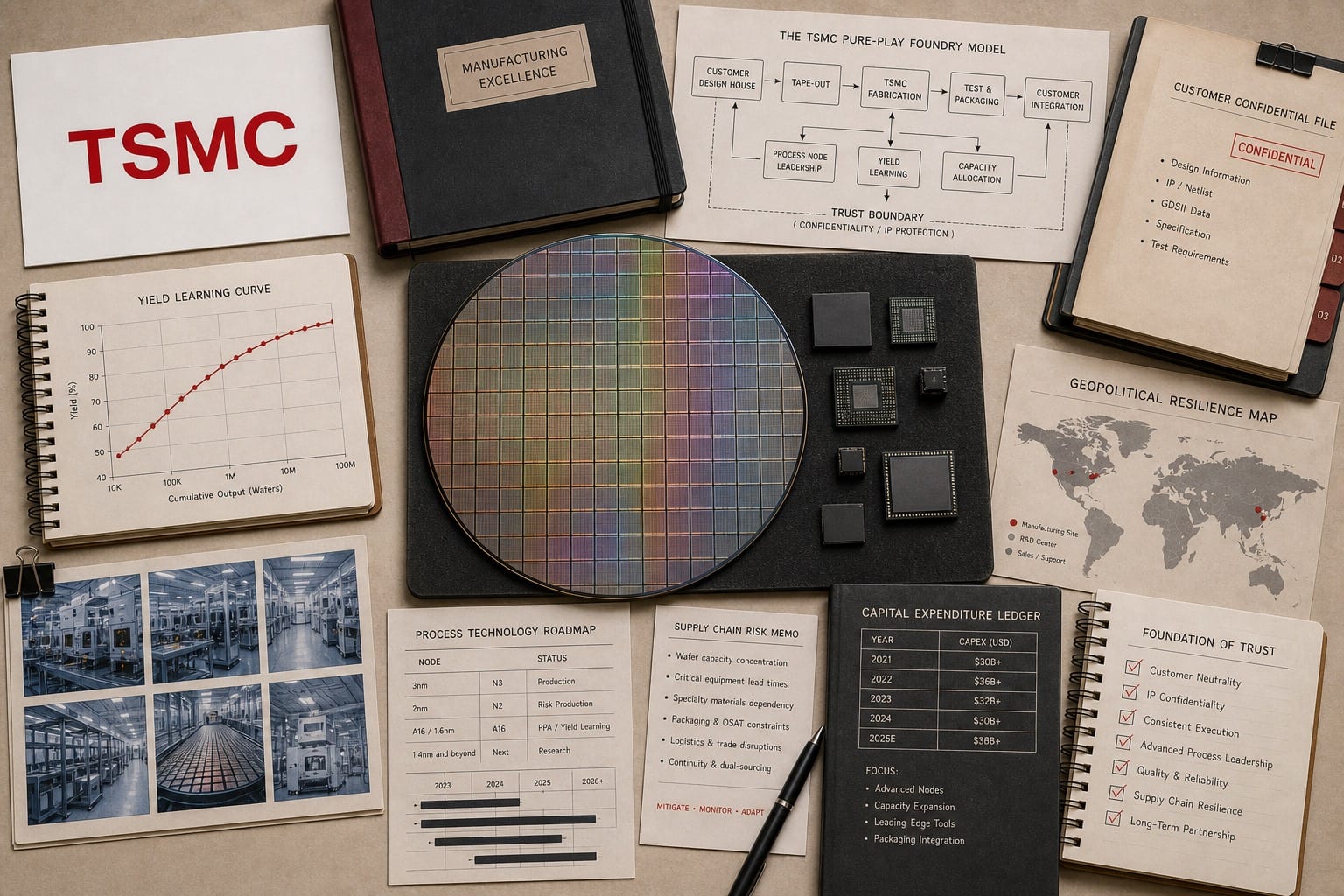 Premium editorial still-life of a TSMC foundry infrastructure case with a TSMC source-mark card, central silicon wafer, generic chip packages, pure-play foundry model diagram, yield learning curve, process technology roadmap, customer confidential file, supply-chain risk memo, fab contact sheet, and geopolitical resilience map