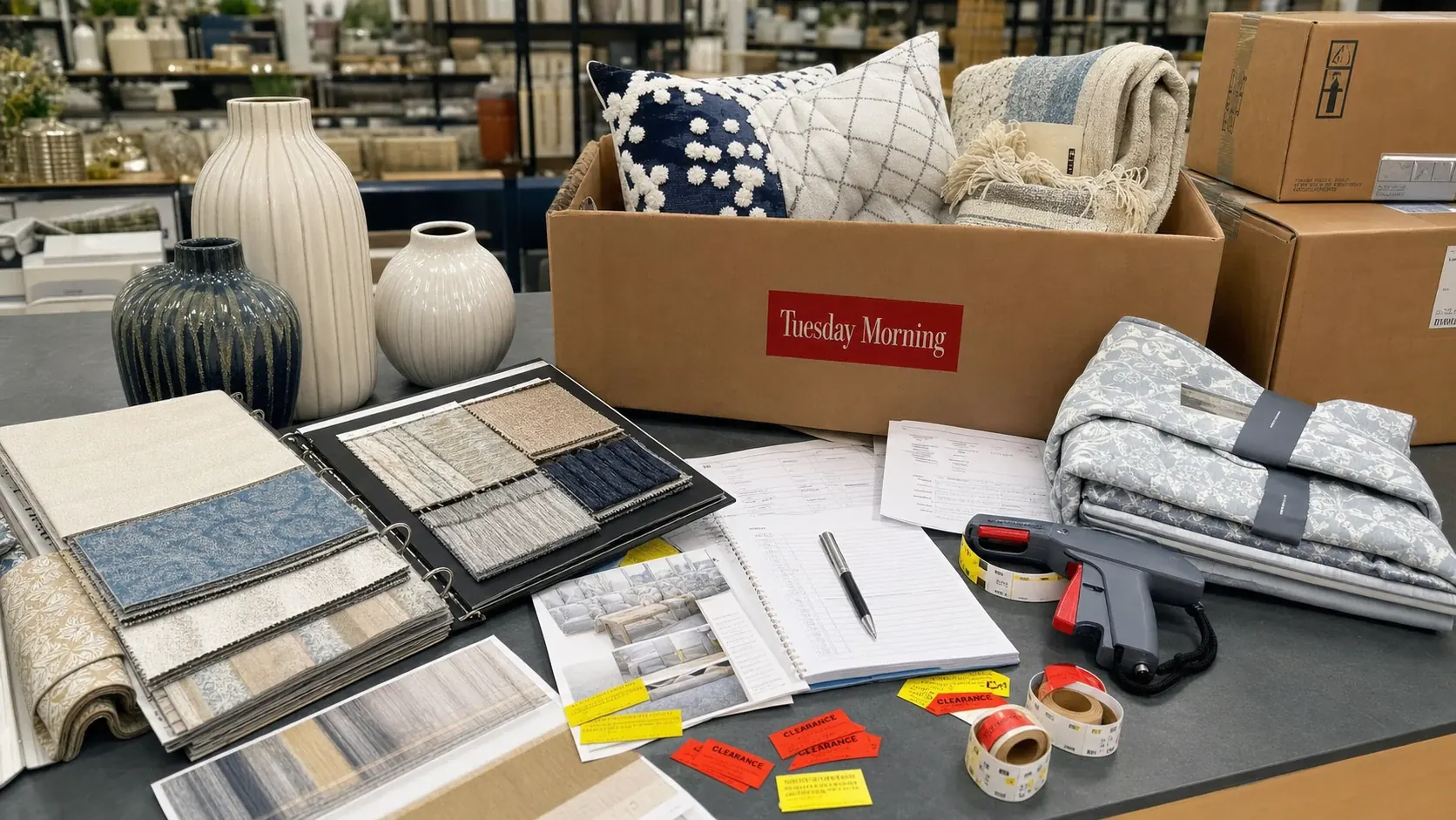 Tuesday Morning buying table with home-goods samples, markdown tools, and cartons.