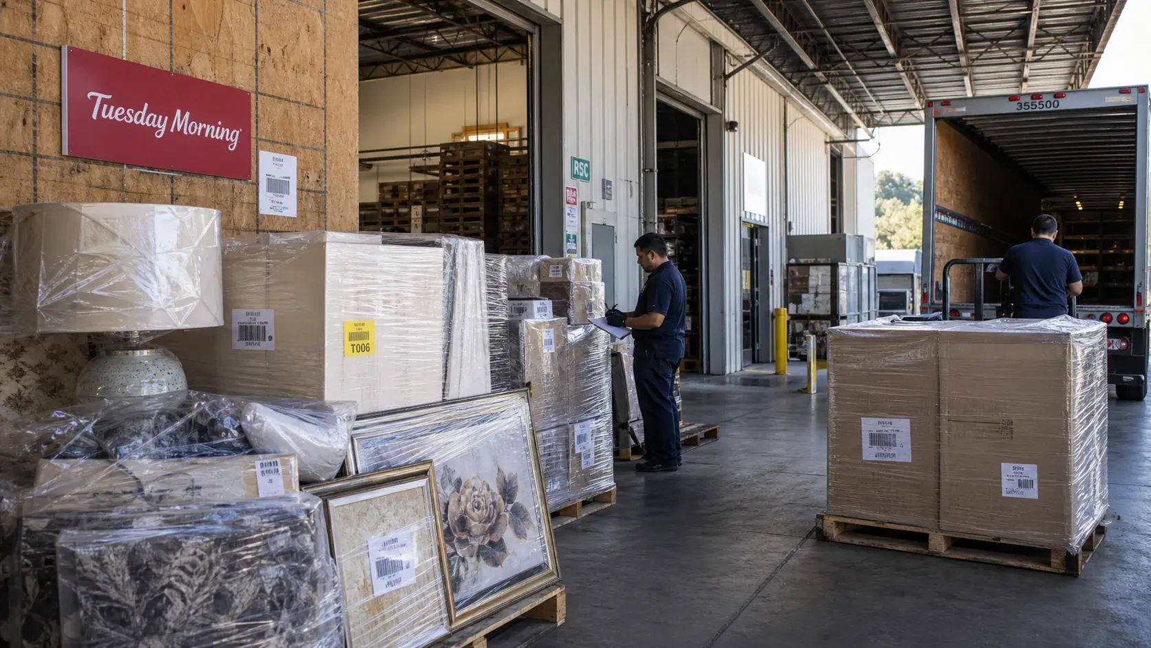 Tuesday Morning distribution dock with wrapped home decor pallets and truck loading.