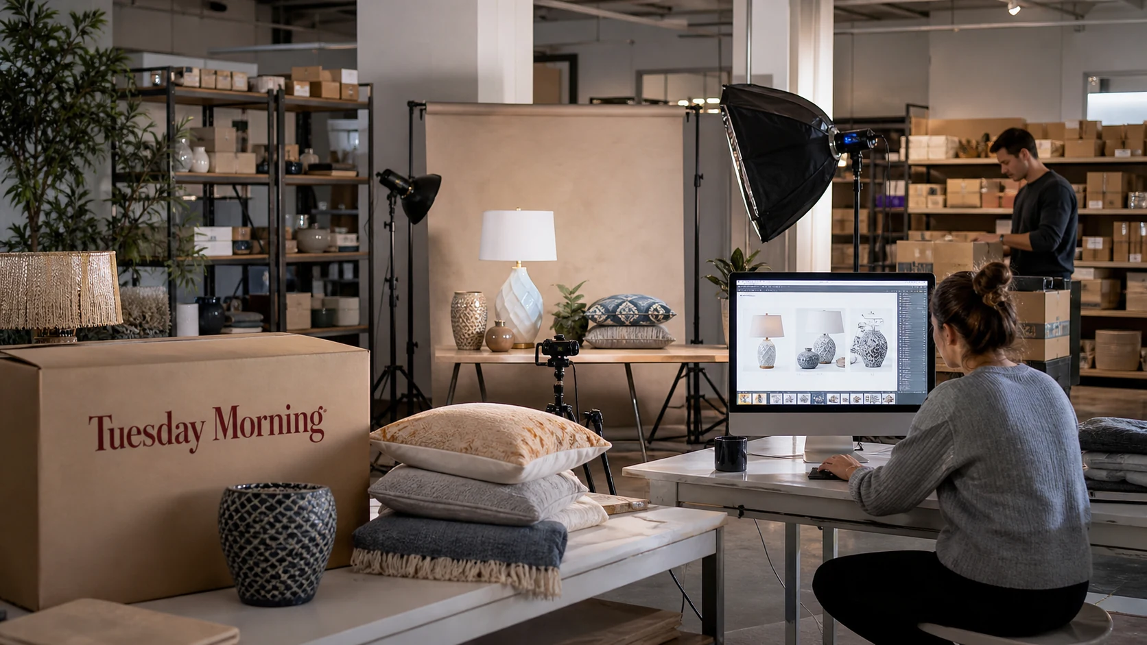 Tuesday Morning ecommerce studio preparing lamps, pillows, ceramics, and bedding for product pages.