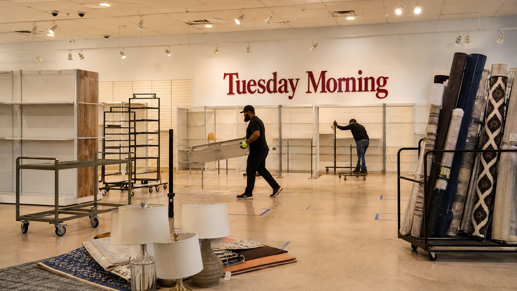 Mostly empty Tuesday Morning store with fixtures being removed after liquidation.