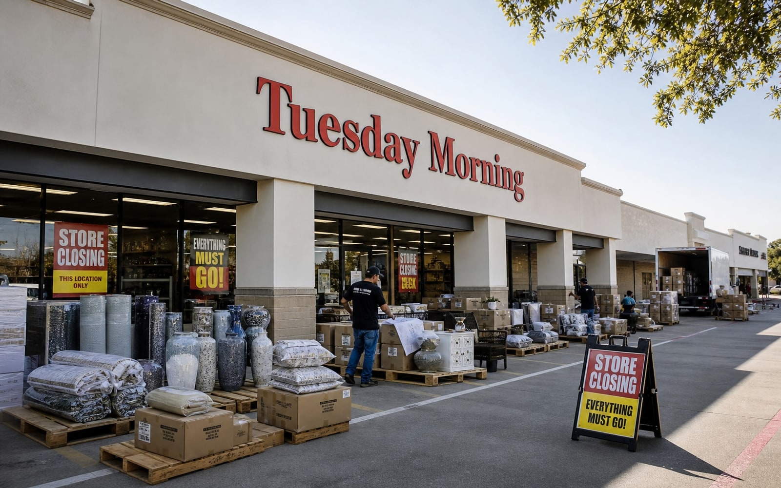 Tuesday Morning store-closing liquidation scene with red storefront sign, home decor inventory, pallets, and staff.