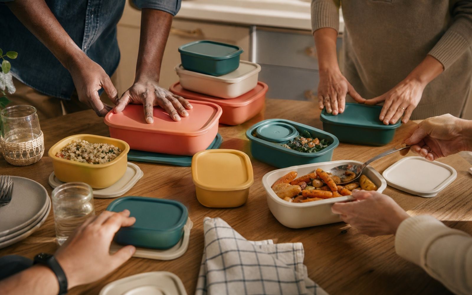 A logo-free overhead scene of reusable food-storage containers arranged for a home demonstration.