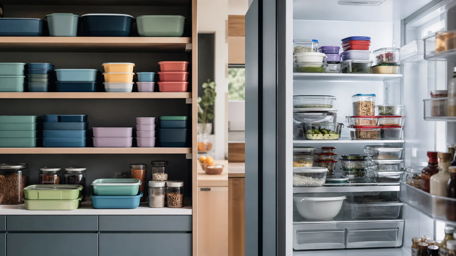 Logo-free storage containers arranged inside an ordinary modern pantry and refrigerator.