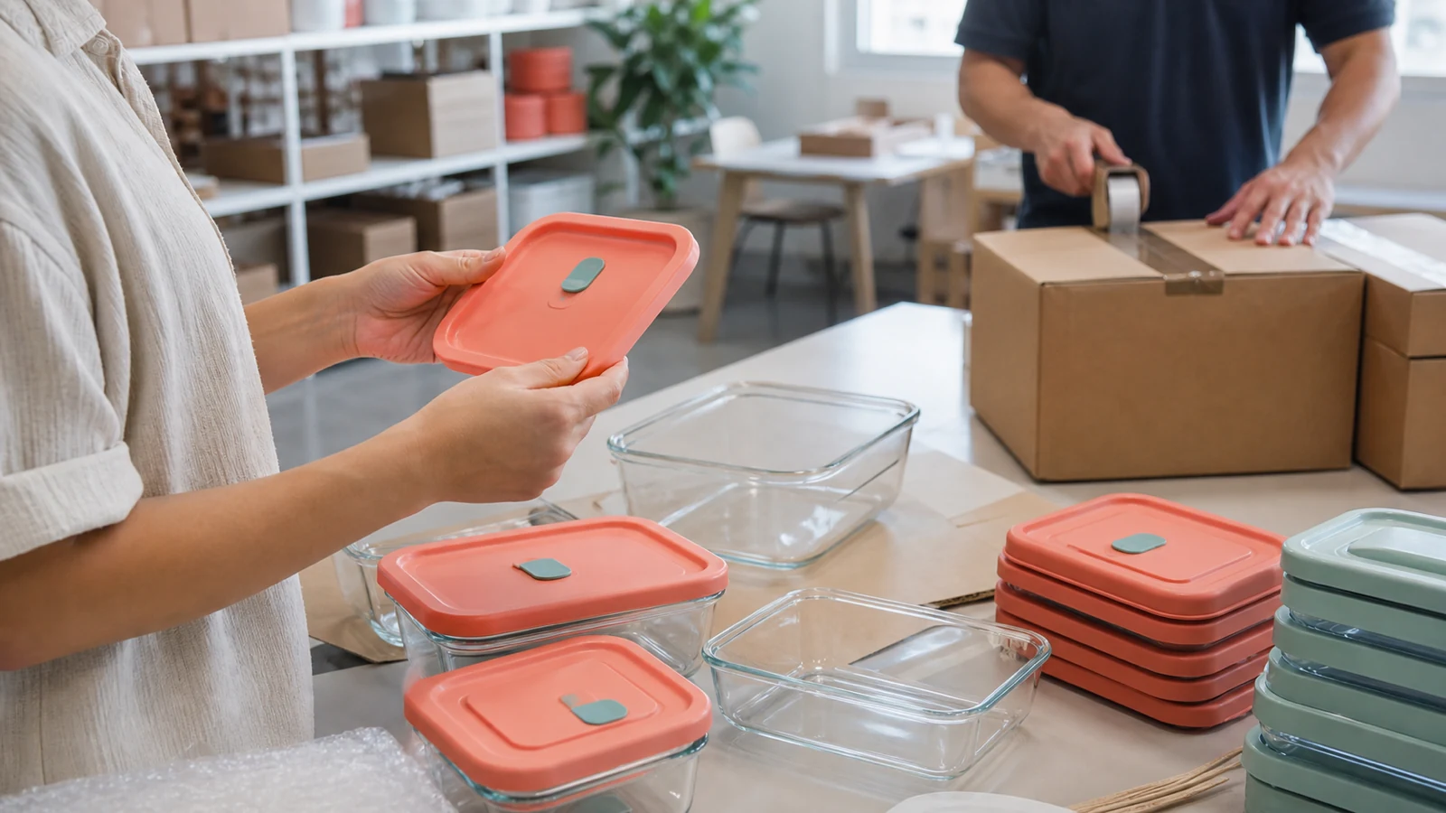 A logo-free modern fulfillment table with glass food-storage containers ready for shipping.