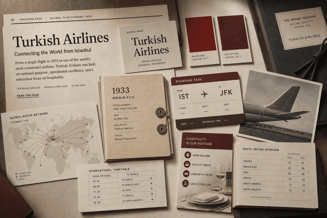 Premium editorial still-life of a Turkish Airlines Istanbul global route case with source-mark card, red route swatches, Istanbul hub map, blank boarding pass, aircraft tail silhouette, timetable cards, hospitality service card, and 1933 origin file