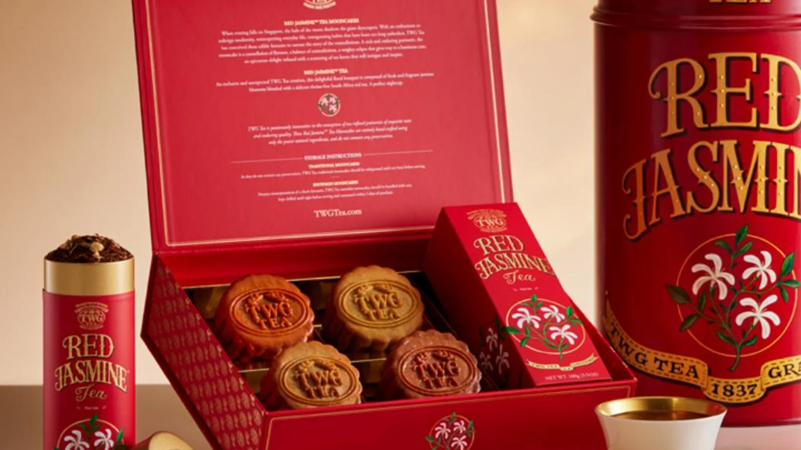 TWG Tea Red Jasmine tea tin, mooncakes, gift box, teapot, and cup from an official product brochure.