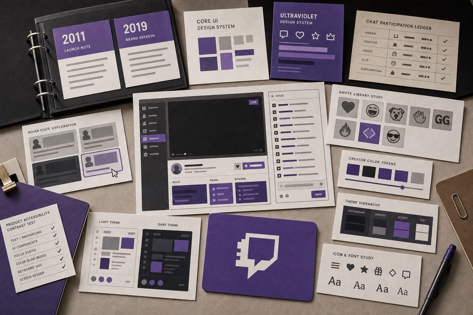 Premium editorial still-life of a Twitch purple live-streaming system case with a blank stream dashboard, purple source-mark card, chat cards, emote tiles, creator tokens, theme hierarchy cards, and accessibility test sheet