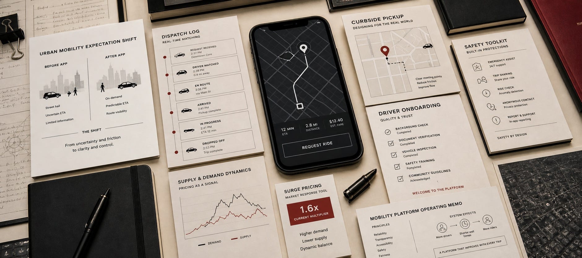 Premium editorial still-life of an Uber case with generic smartphone map mockups, pickup diagrams, surge pricing notes, curbside markers, driver onboarding sheets, and mobility platform safety documents