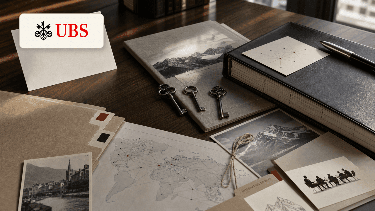 Premium editorial still-life of a UBS global wealth trust case with UBS source-mark card, three antique keys, private banking folders, portfolio ledger, risk committee card, Zurich and Basel origin tabs, global office map, integration dossier, advisory meeting card, and fountain pen