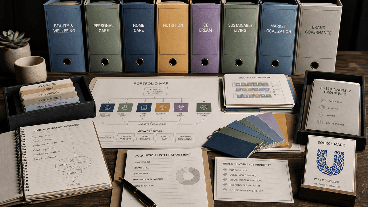 Premium editorial still-life for the Unilever case with beauty and wellbeing, personal care, home care, nutrition, ice cream, sustainable living, localization, and brand governance folders