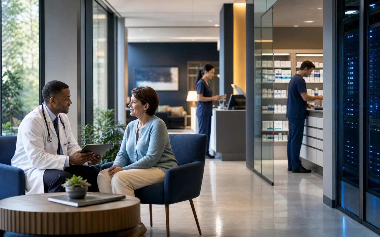 A clinician and patient in an integrated care environment connecting consultation, pharmacy service and secure health infrastructure.