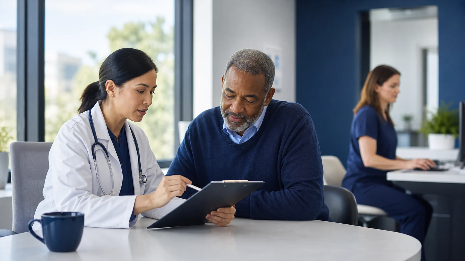 A physician and patient reviewing a care plan in a modern clinic.