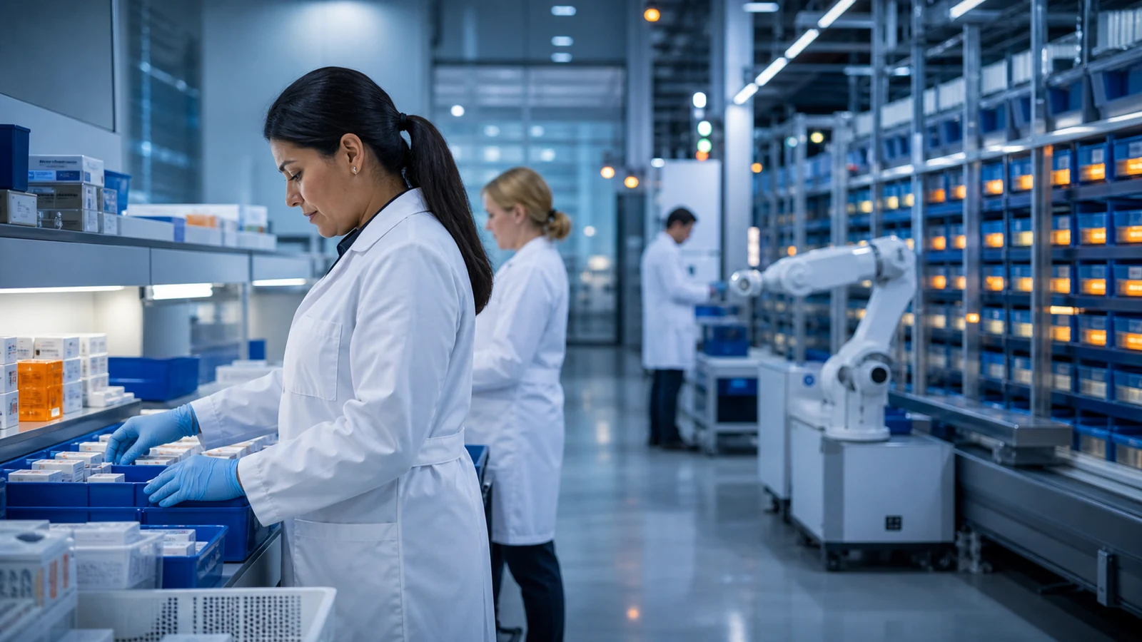 Pharmacists working inside a modern medication fulfillment operation.