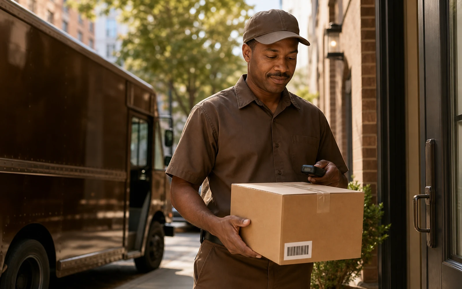 Brown delivery handoff with parcel, scanner, truck, and street-level service proof.
