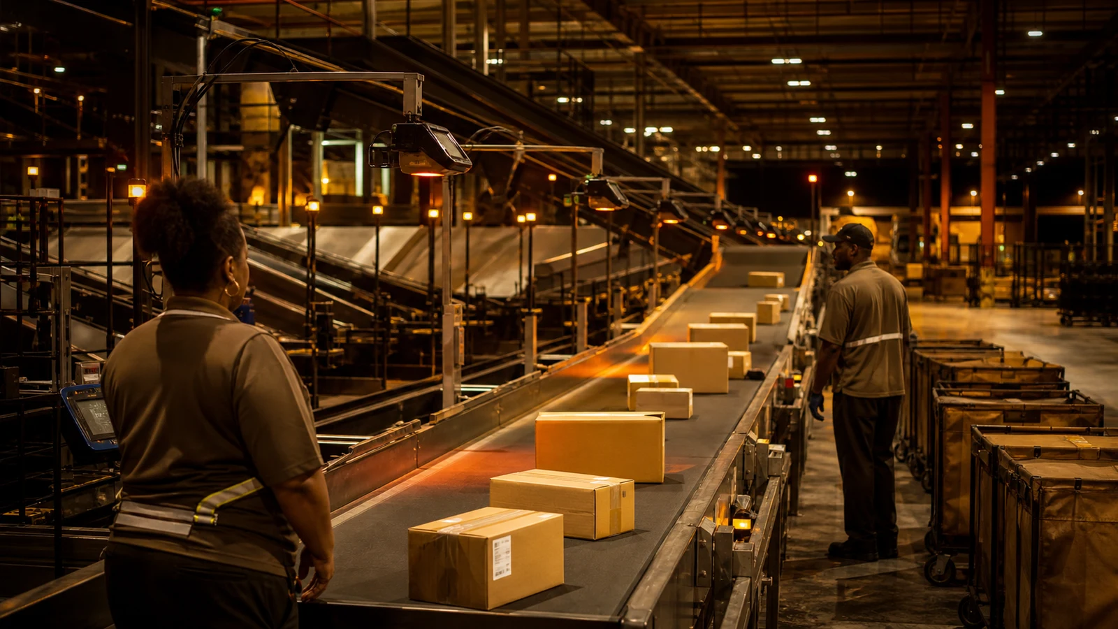 Automated parcel sortation hub with belts, scanners, rolling containers, and workers supervising the flow.