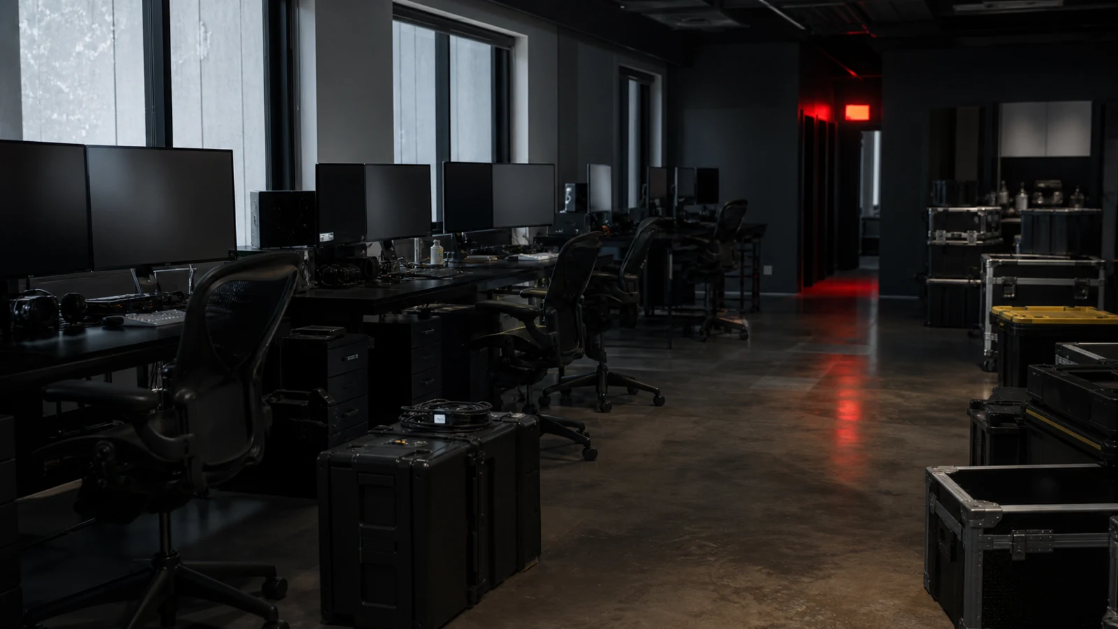 A dark logo-free post-production floor with empty chairs and equipment cases after layoffs.