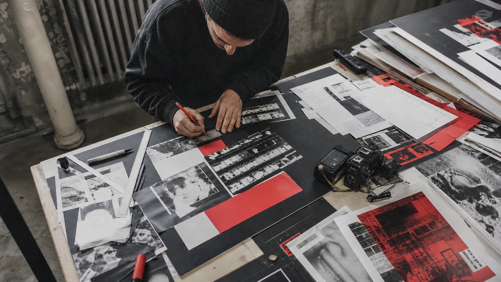 A logo-free 1990s alternative-magazine production desk with contact sheets and paste-up materials.