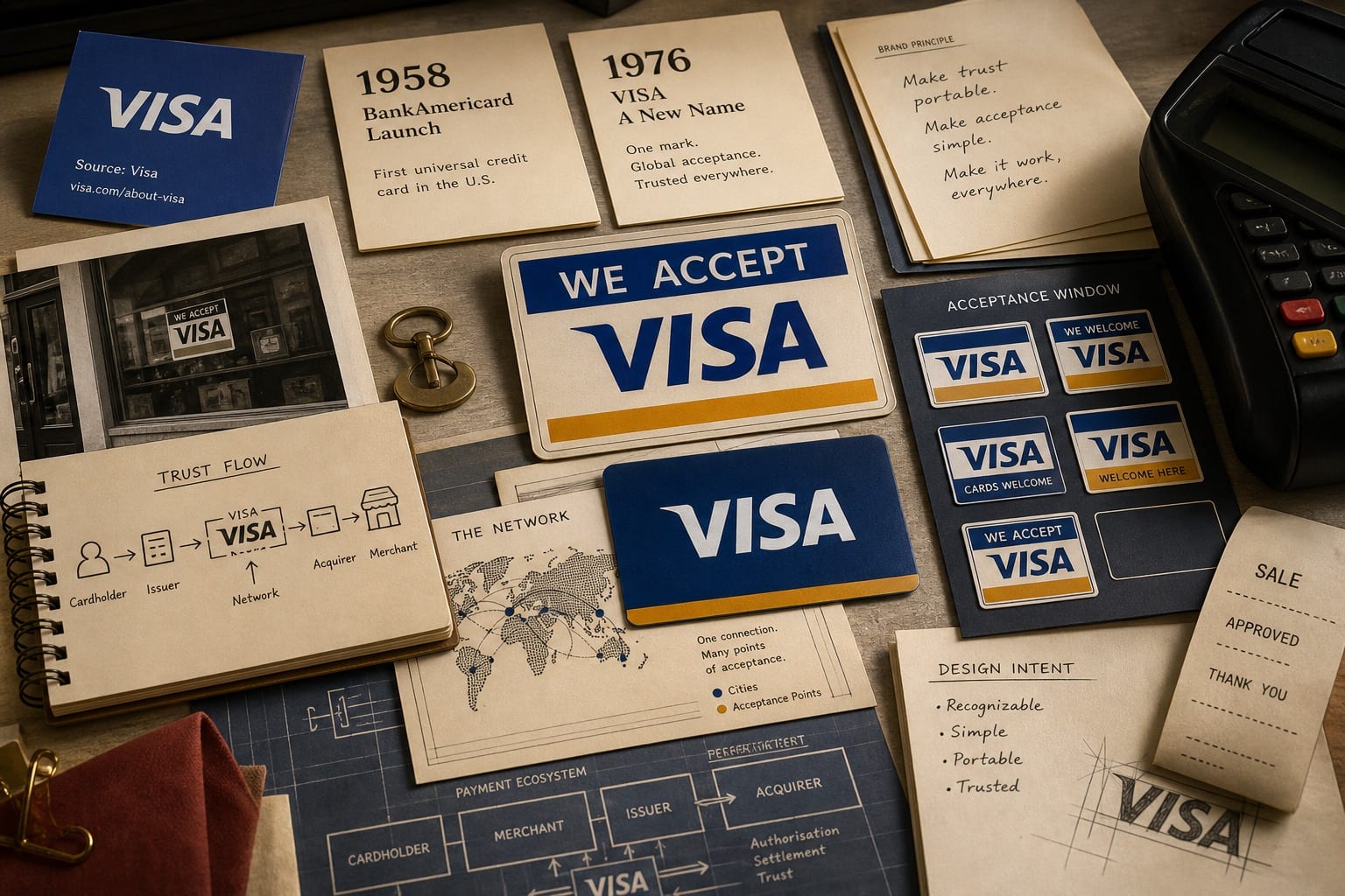 Premium editorial still-life of a Visa payment acceptance trust case with blue source-mark card, generic payment card, acceptance placard, receipt strip, terminal silhouette, 1958 card, 1976 naming card, and network diagram