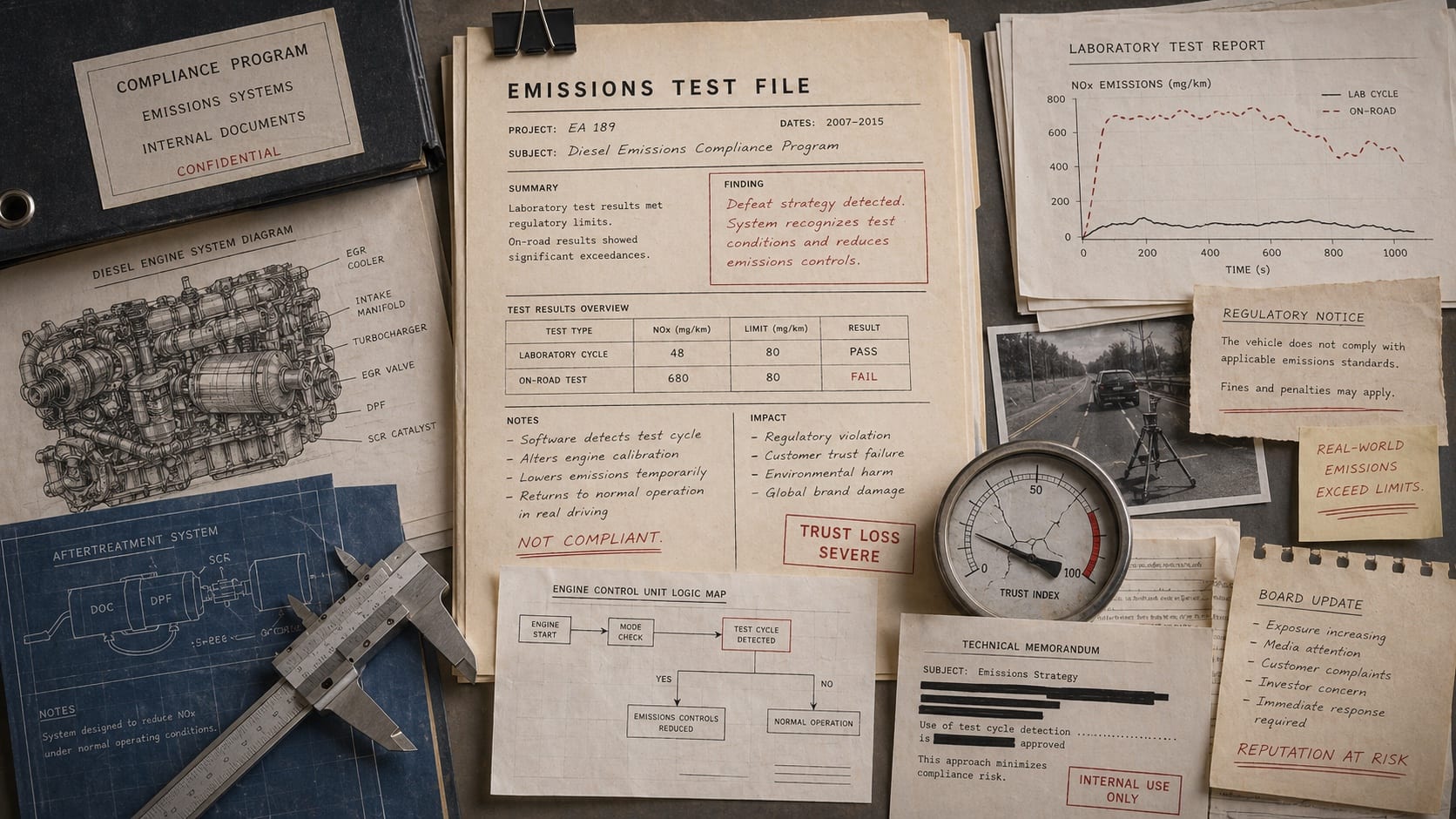Premium editorial still-life of emissions test sheets, diesel engine diagram, compliance binder, and broken trust gauge