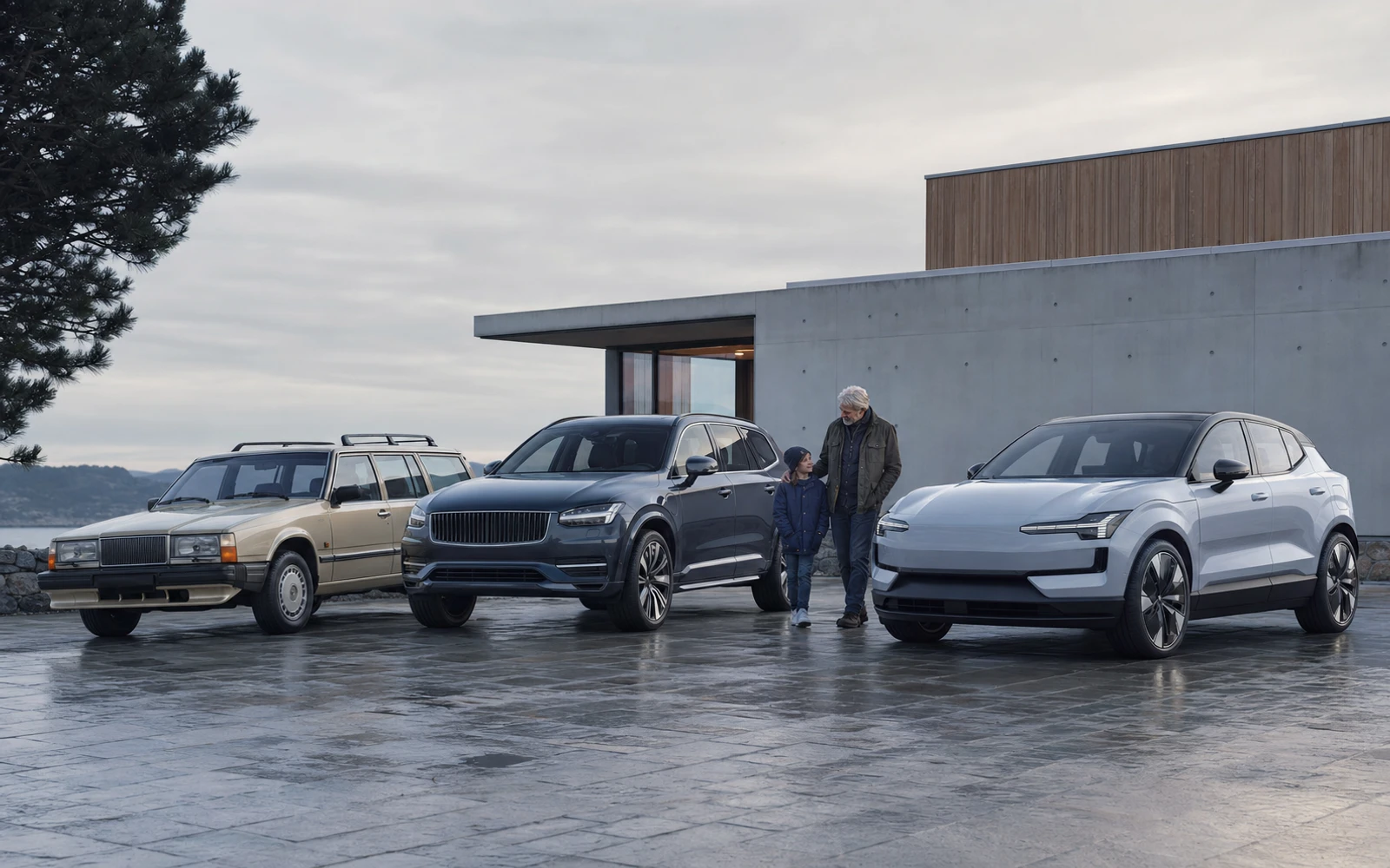 Logo-free editorial scene connecting a boxy Swedish estate car, a family SUV, and an electric SUV across generations.