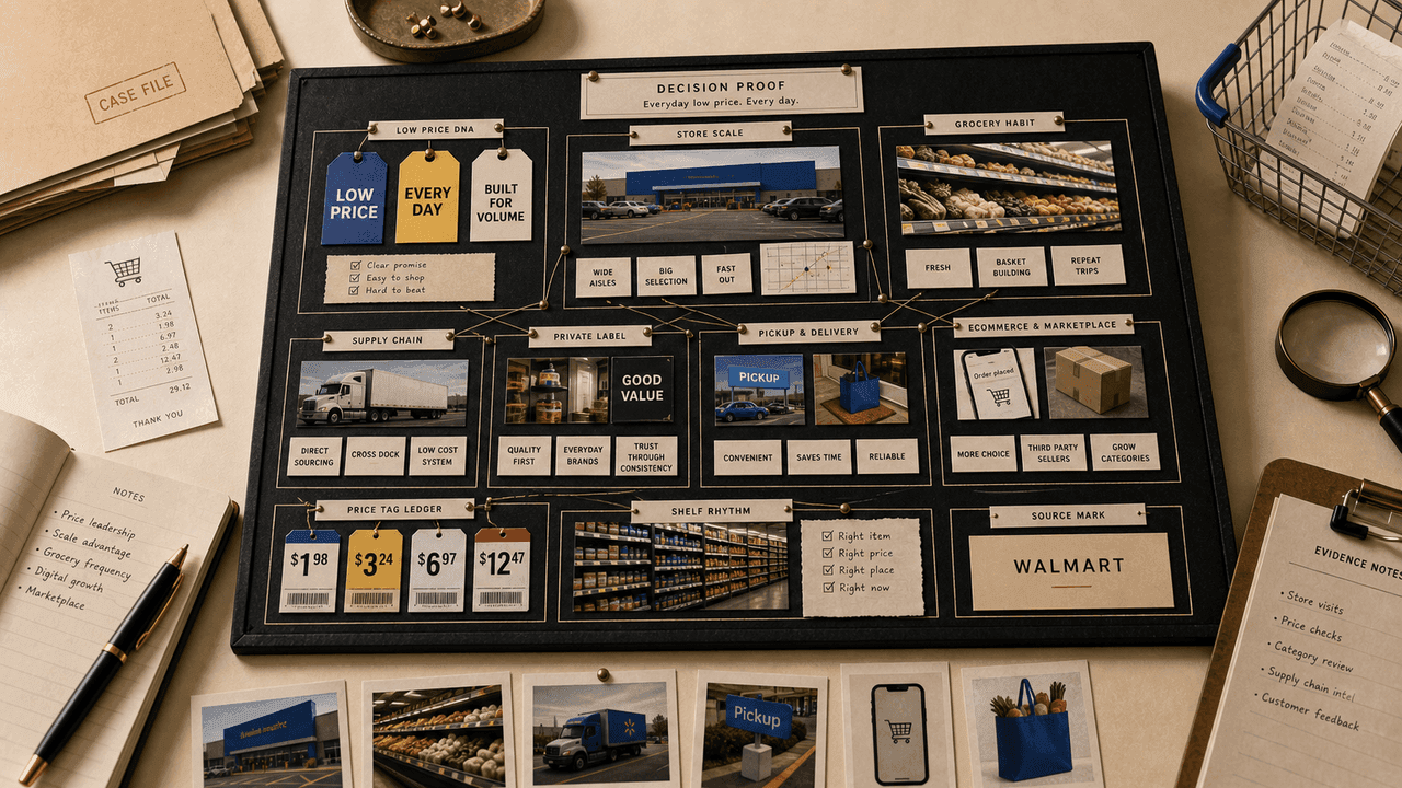 Premium editorial still-life of a Walmart brand system case with Walmart source-mark card, price tags, grocery shelf, store scale card, supply-chain route, pickup and delivery notes, marketplace card, and receipt fragment