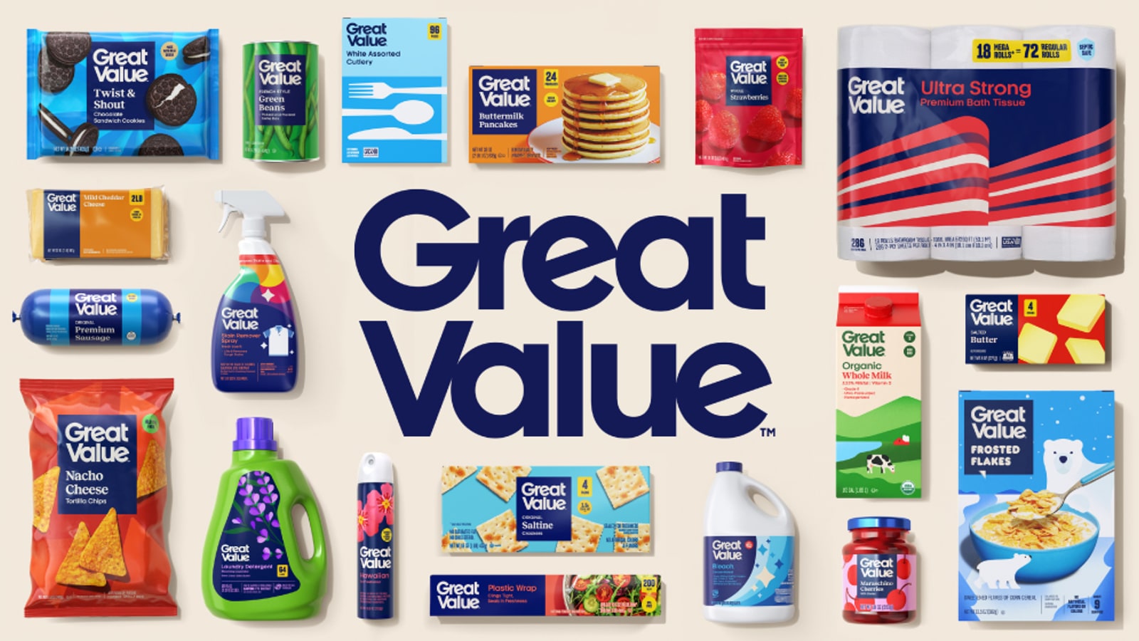 Official Great Value system image showing grocery and household products in refreshed packaging.