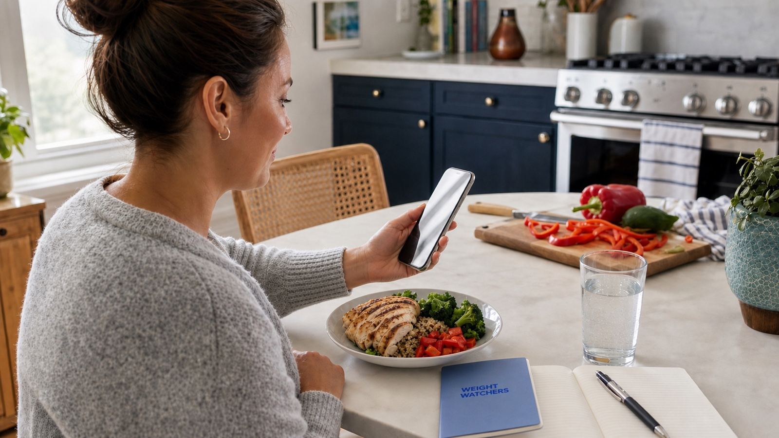 A WeightWatchers member consulting a phone with its screen turned away beside a healthy meal and branded coaching notebook.