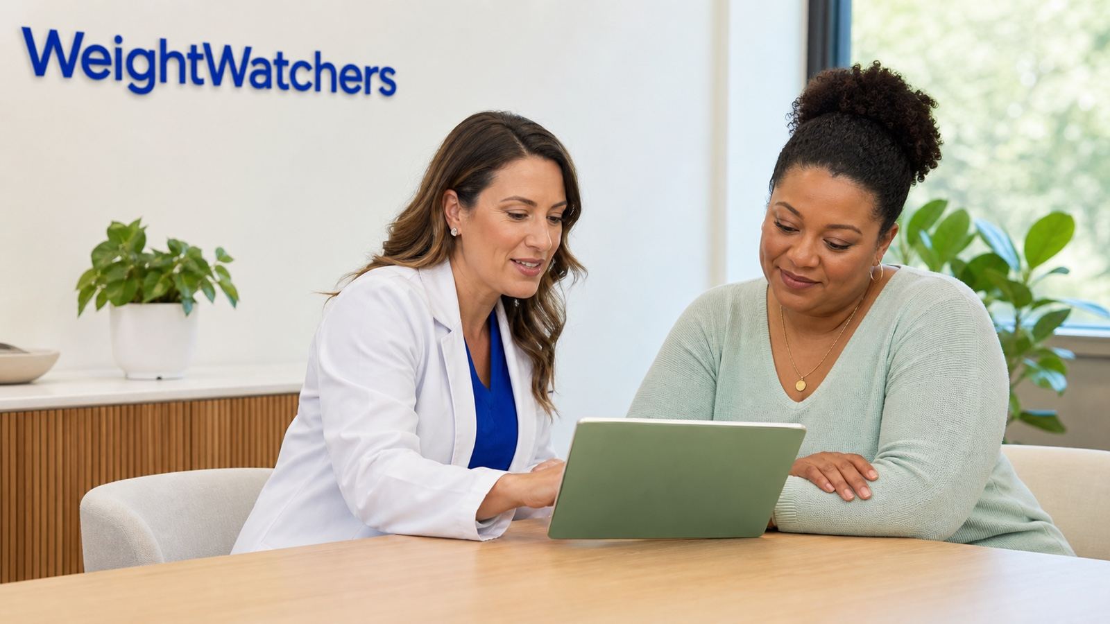 A branded WeightWatchers clinical consultation with a clinician and member reviewing a care plan.