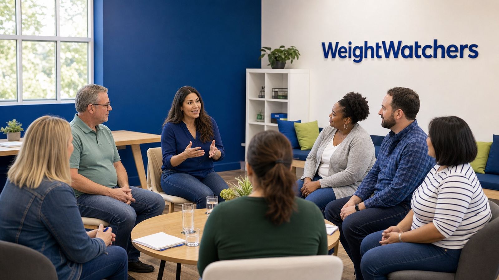 A branded WeightWatchers workshop with a coach and members in a modern blue community room.