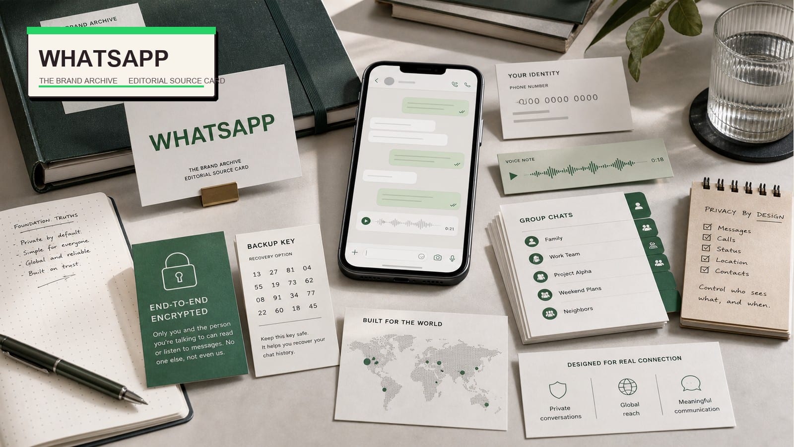 Premium editorial still-life of a WhatsApp private messaging encryption case with WhatsApp source-mark card, generic smartphone, abstract chat bubbles, phone-number identity cards, lock card, backup key card, voice-note waveform, group chat tabs, contact map, and privacy notes