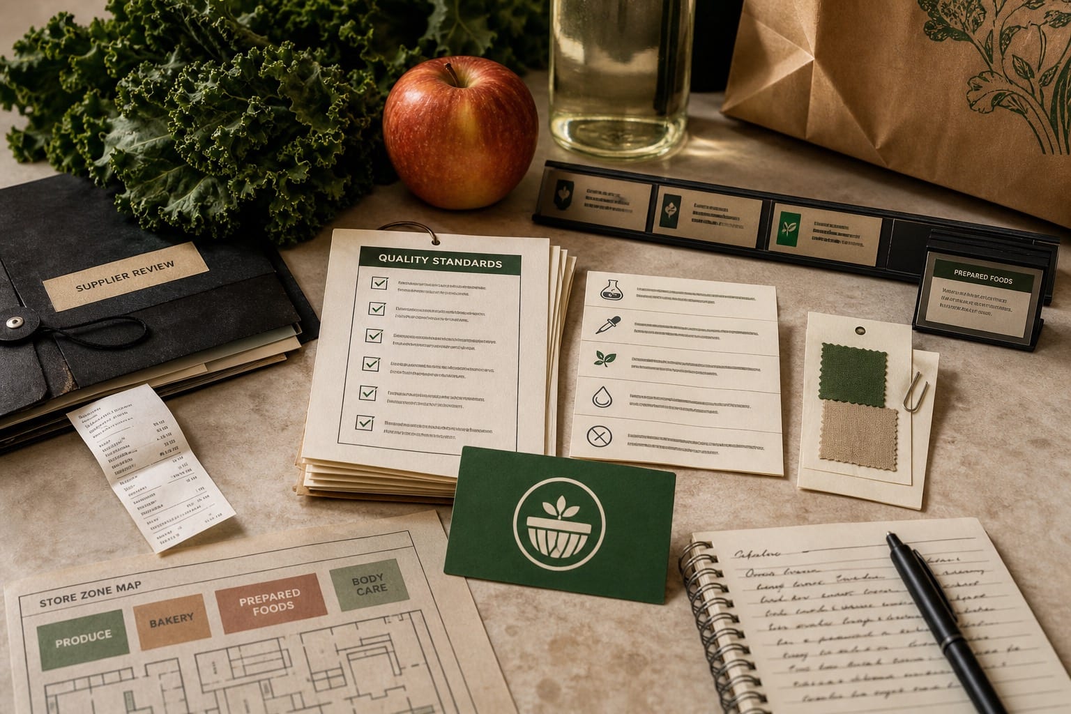 Premium editorial still-life of a Whole Foods Market grocery trust case with leafy greens, apple, paper bag, quality standards packet, supplier review folder, ingredient cards, shelf tags, and a green source-mark card
