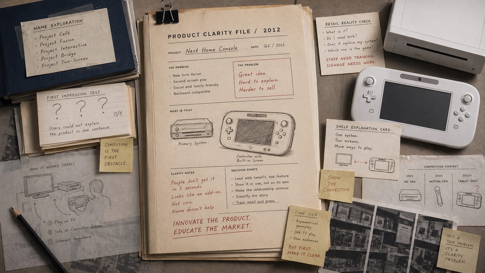 Premium editorial still-life of a home-console silhouette, tablet-controller sketch, product-name cards, and clarity notes