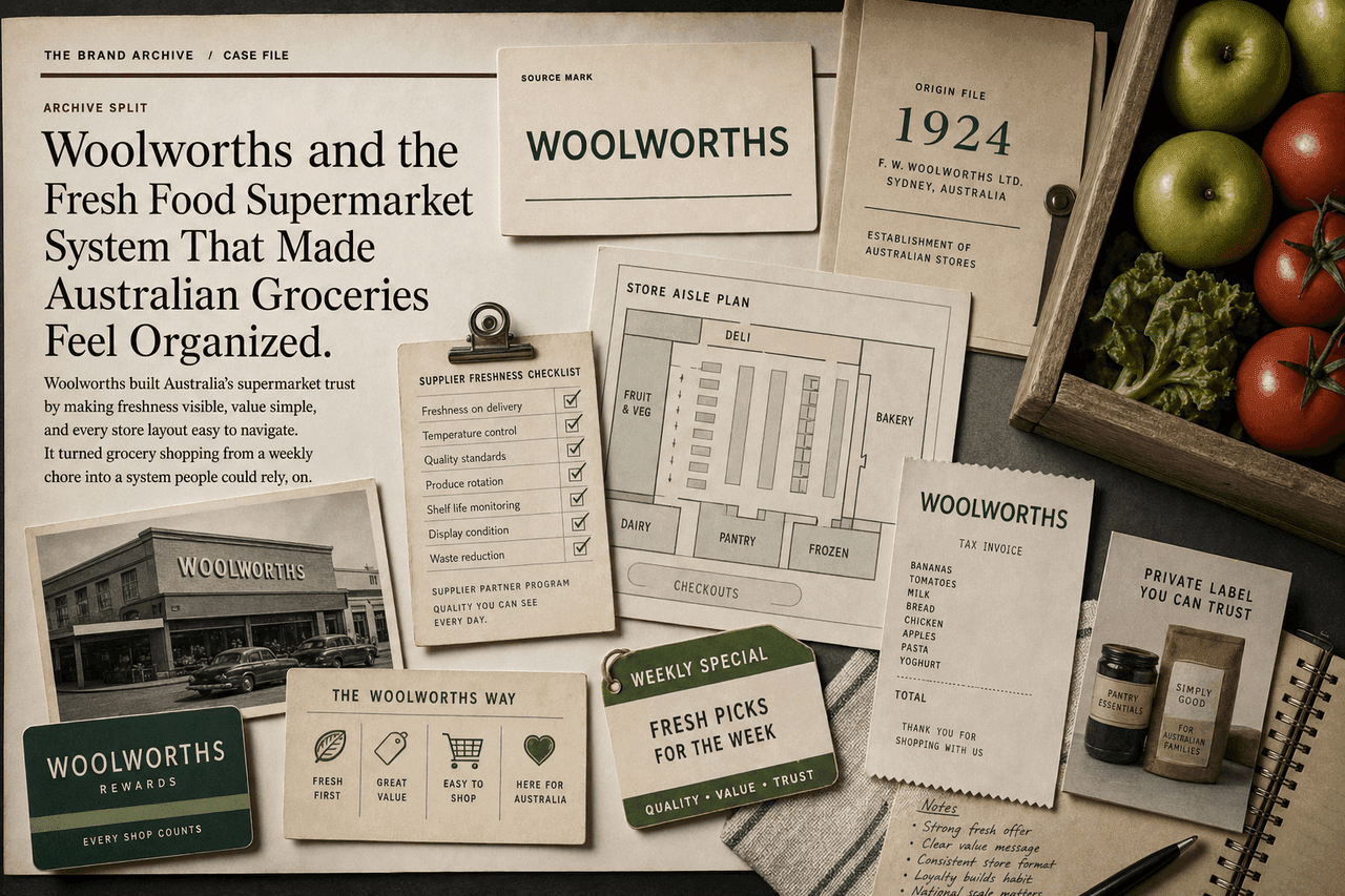 Premium editorial still-life of a Woolworths fresh food supermarket case with source-mark card, produce crate, grocery receipt, store aisle plan, loyalty card, supplier freshness checklist, 1924 origin file, and weekly specials tag
