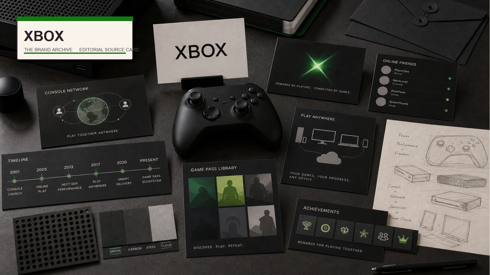 Premium editorial still-life of an Xbox console network and Game Pass platform case with Xbox source-mark card, generic controller, console vent texture, green X card, online friends list card, subscription library cards, cloud gaming device cards, launch timeline, and achievement tiles