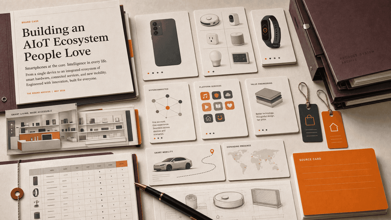 Premium editorial still-life of a Xiaomi AIoT ecosystem case with smartphone card, smart-home device tiles, wearable band, platform service cards, smart mobility card, value engineering sheet, and orange source card