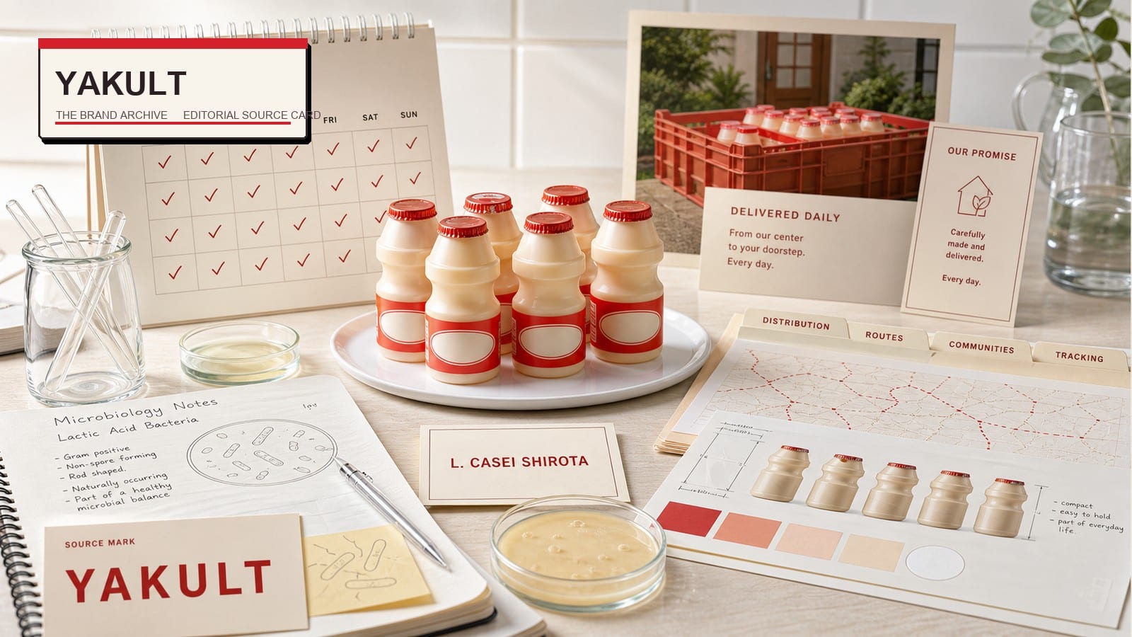 Premium editorial still-life of a Yakult probiotic daily ritual case with Yakult source-mark card, small probiotic drink bottles with blank labels, daily calendar, delivery crate card, microbiology notes, strain card, petri dish, route tabs, and bottle scale study