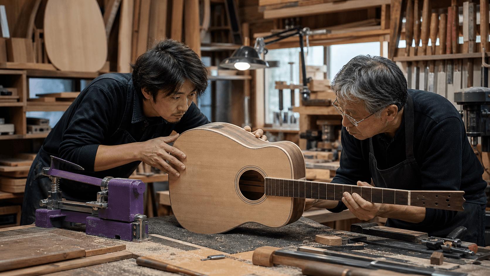 Craftsperson shaping a guitar in a precise instrument workshop without visible branding.