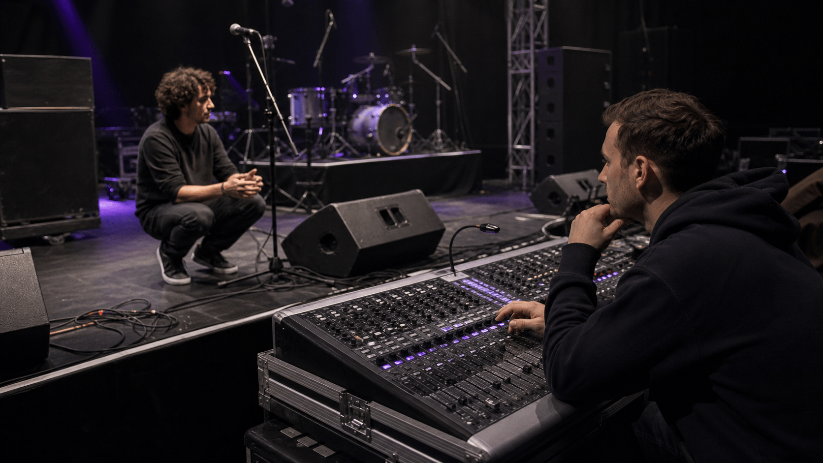 Live sound engineer operating a professional mixing console at a concert without logos.