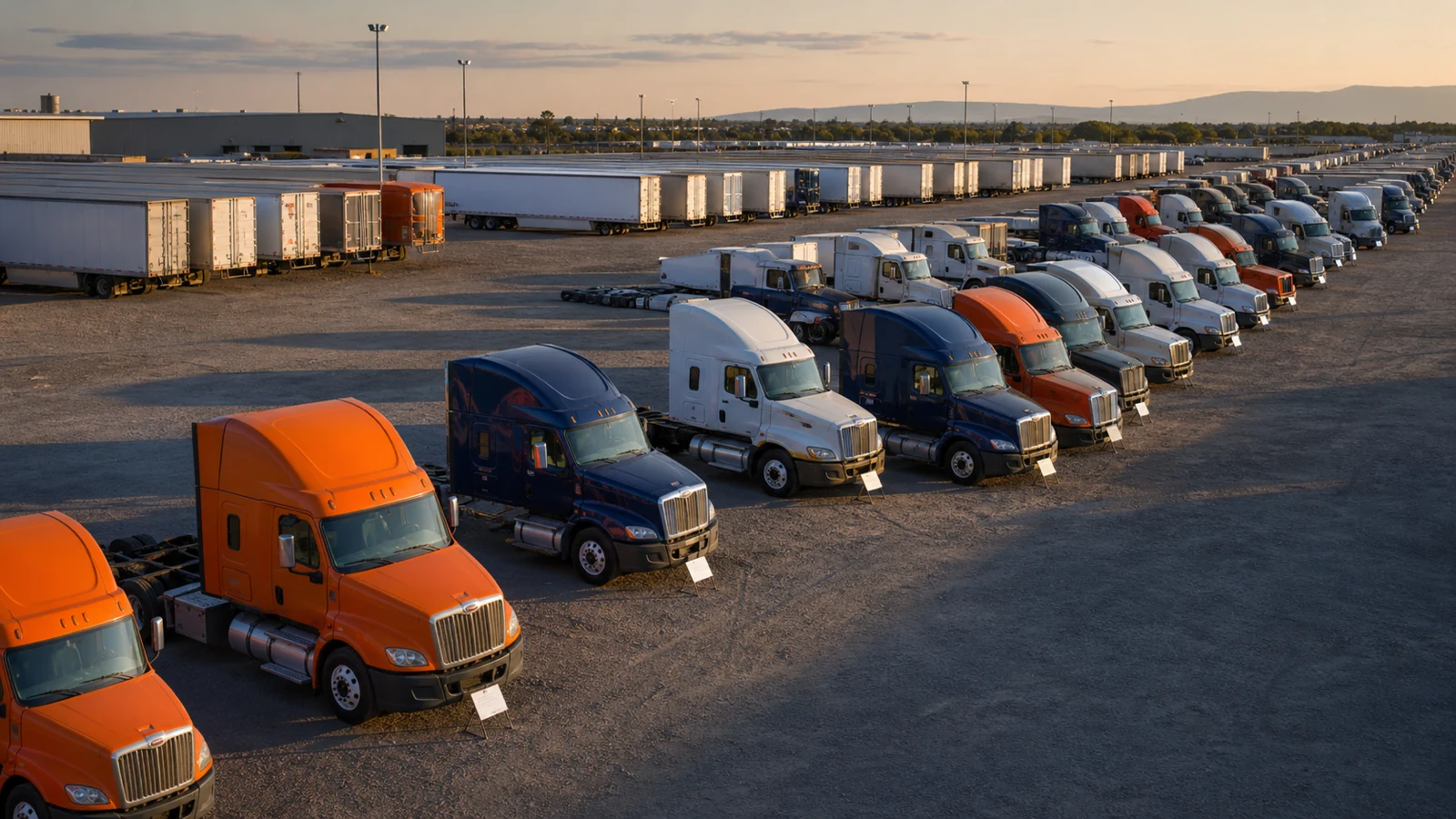 Rows of logo-free tractors and trailers arranged for separate bankruptcy asset sales.