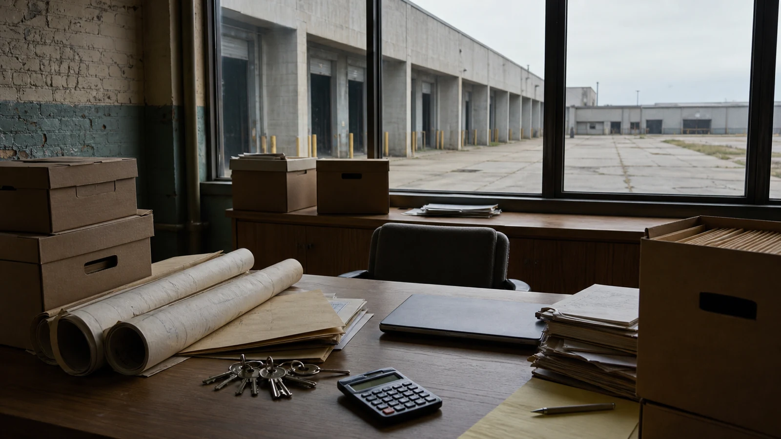 A former terminal office with archive boxes, plans, keys, and an empty dock yard beyond.