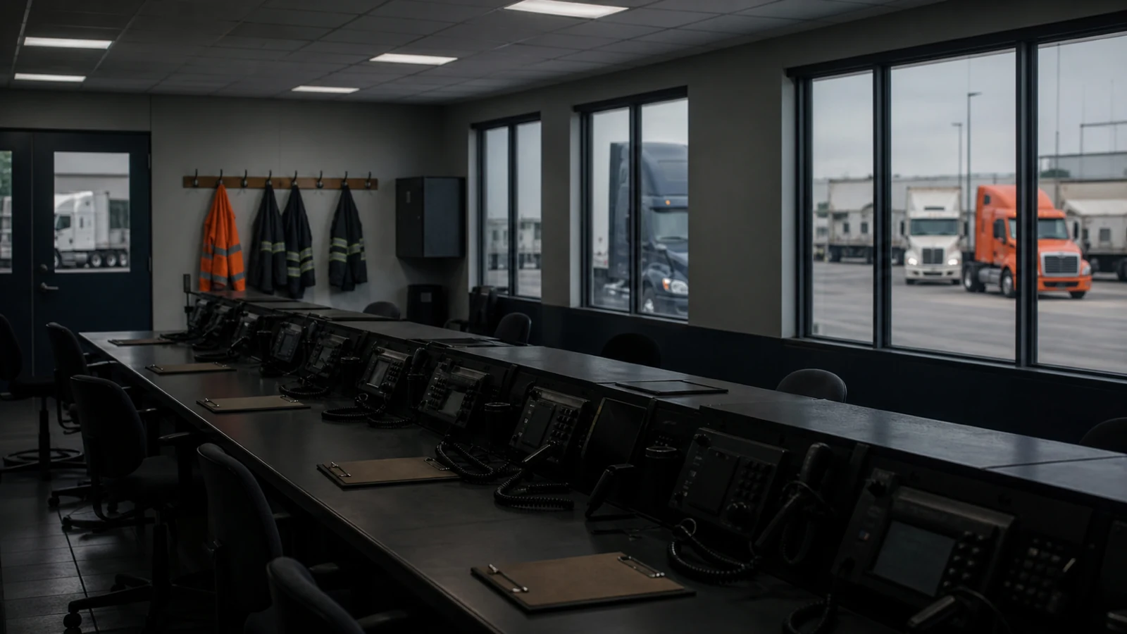An empty logo-free freight dispatch room overlooking idle generic trucks.