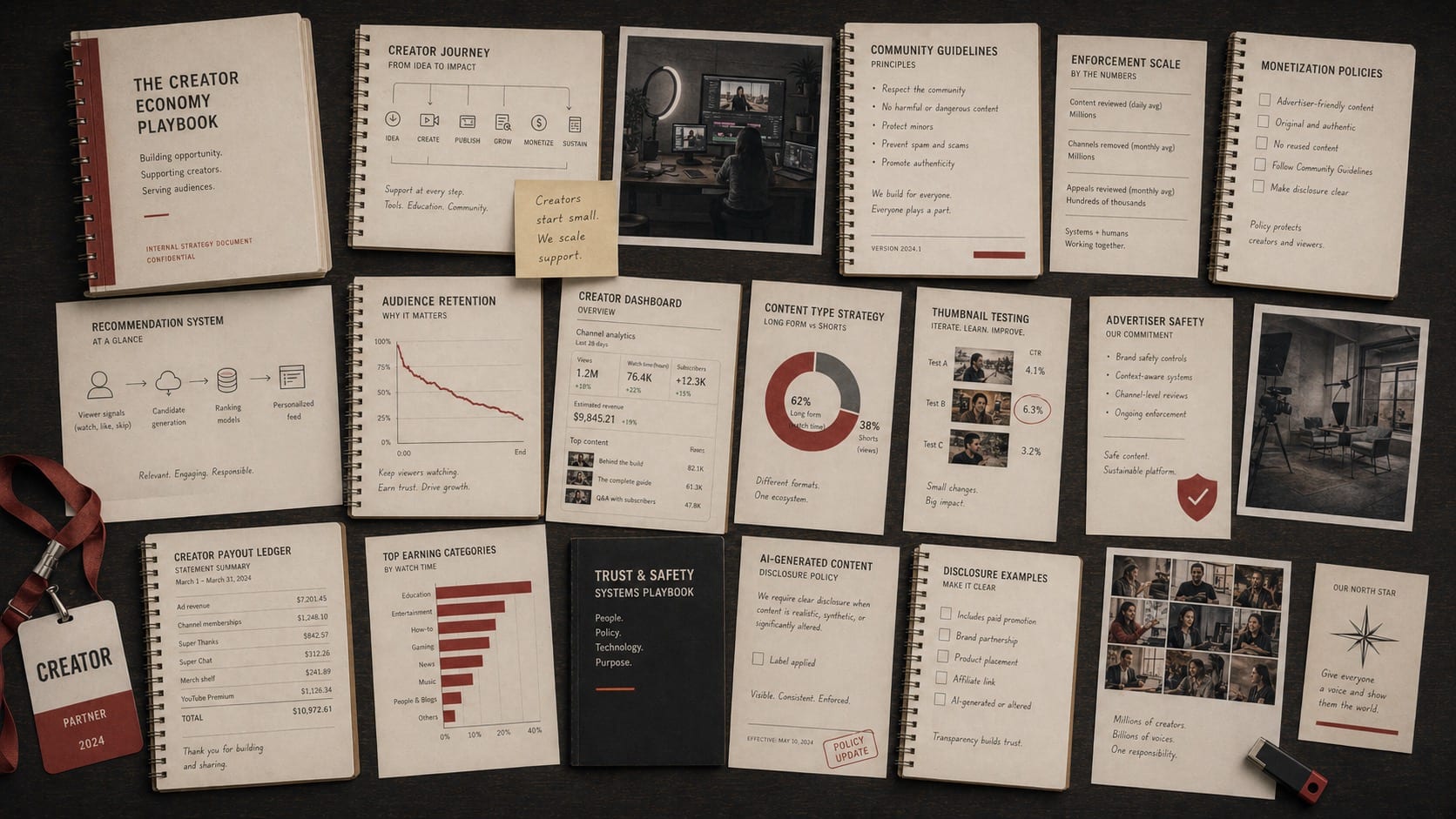 Premium editorial still-life of a YouTube platform-governance case with creator dashboards, recommendation diagrams, policy binders, monetization notes, and audience-retention studies