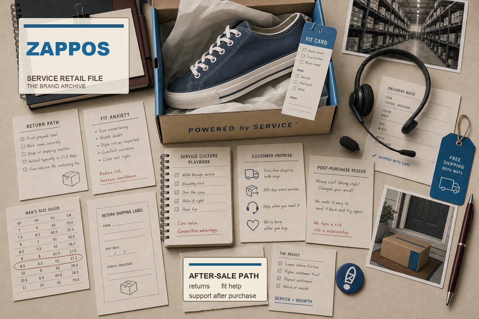 Premium editorial still-life of a Zappos customer service ecommerce case with editorial Zappos source-mark card, open shoebox, generic sneaker, fit card, return path checklist, service headset, delivery note, warehouse photo strip, after-sale path card, and customer promise ledger