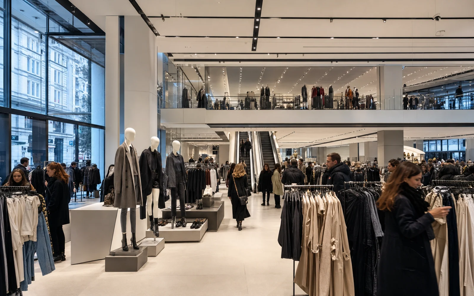 Large urban Zara-style fashion flagship with busy customer flow, editorial displays and integrated pickup activity.
