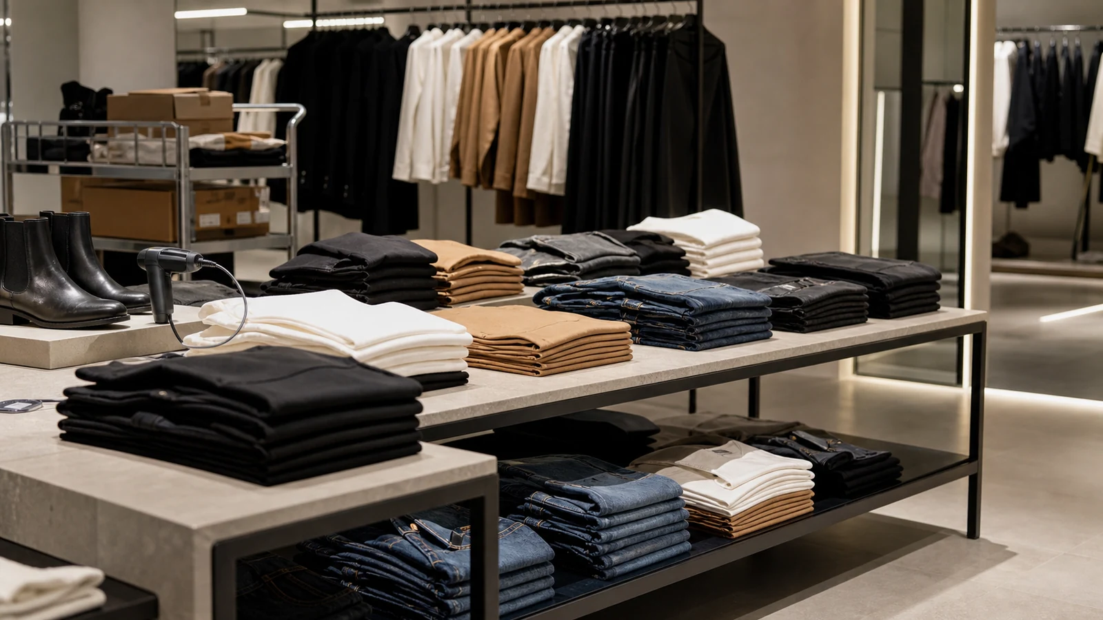 Fast-moving fashion retail table with folded apparel, footwear and handheld stock-scanning activity.