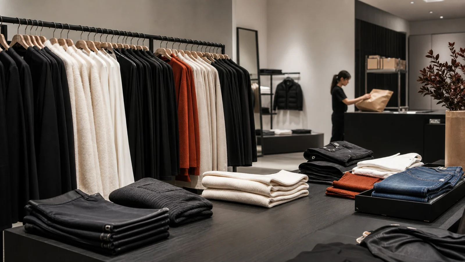 Seasonal fashion rail, product table and pickup packaging inside an urban store.