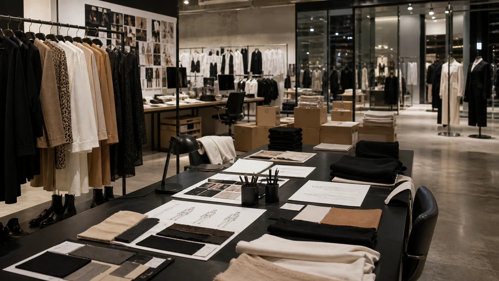 Fashion design and merchandising workspace inside a working retail environment.